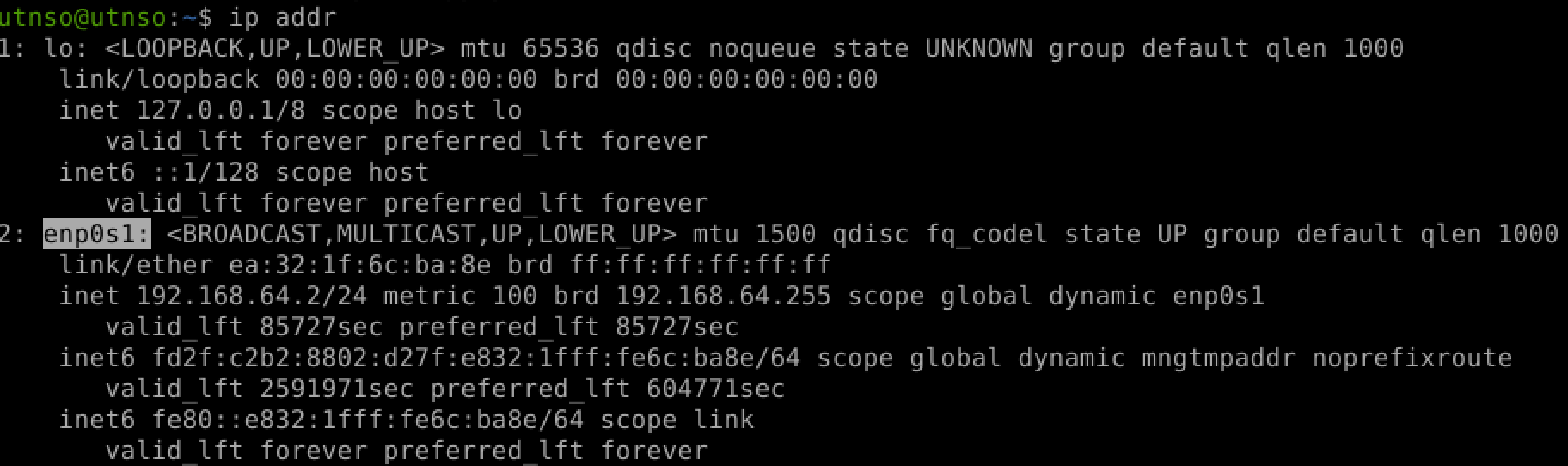 Output del comando ip addr. remarcando el nombre de la interfaz de red